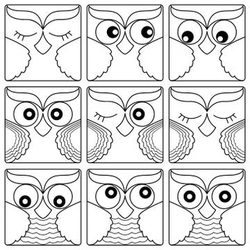 Nine owl faces in square shapes Illustrazione stock