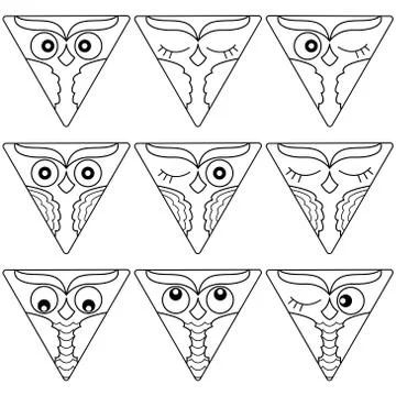 Nine owl faces in a triangle shapes Illustrazione stock