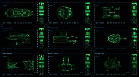Nine-panel display of modular elements with related readouts/indicators. Vidéo 57309557