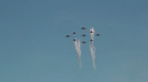 Nine planes and firework Stock Footage 23296614