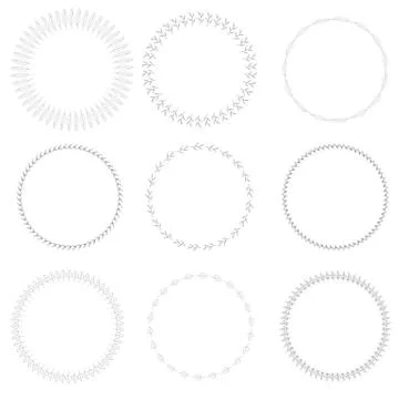 Nine round frames with cute decorative branches and leaves. Isolated frames Illustrazione stock