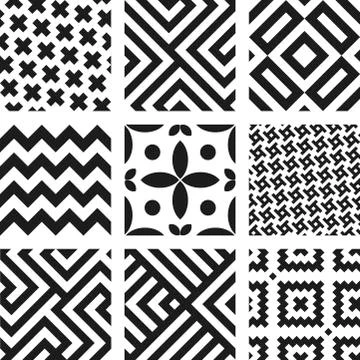 Nine seamless geometric regular patterns in black and white. Stock Illustration