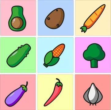 Nine set of fresh vegetables broccoli onion chilli pepper cron carrot cu Stock Illustration