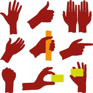 Nine silhouette of real hands in different positions. Stock Illustration