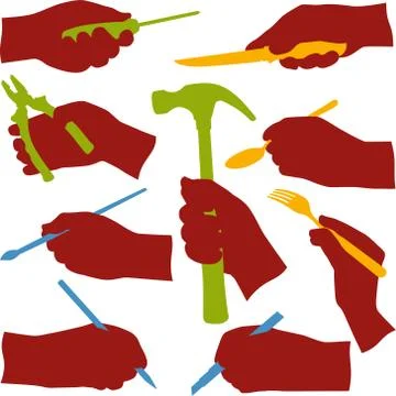 Nine silhouette of working hands in different positions. Stock Illustration