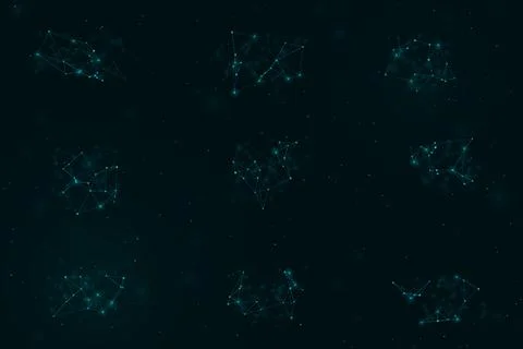 Nine softly glowing formations of interconnected points float across a dark.. Stock Illustration