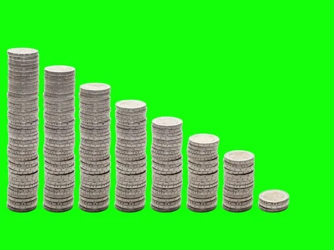 Nine stacks of coins decreasing. Stop Motion. Chroma Key. Vídeos de archivo 71706301