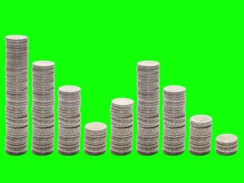 Nine stacks of coins that go down, rise and down again - Chroma Key. Stock Footage 72489232
