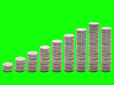 Nine stacks of coins increasing. Stop Motion. Chroma Key. Stock Footage 71689179
