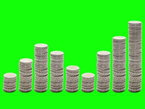 Nine stacks of coins rise, fall and rise again - Stop Motion - Chroma Key. Stock Footage 72489353