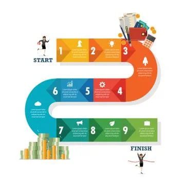 Nine step path infographic Stock Illustration