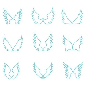 Nine stylized blue wing outlines with unique feather shapes arranged Stock Illustration