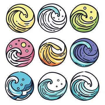 Nine stylized wave designs arranged three rows, featuring unique color schemes 库存插图