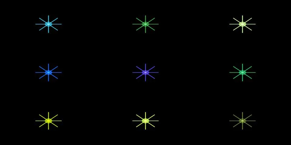 Nine vibrant starburst patterns displayed against a dark background 스톡 일러스트
