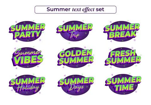 Nine vibrant summer text effects in purple oval badges with green 3d letter.. イラスト素材