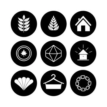 Nine white on black circular backgrounds featuring nature house gem chain h.. Stock Illustration