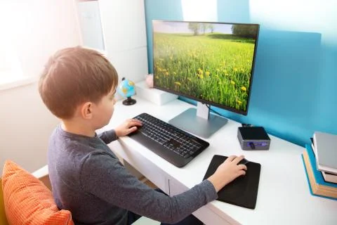 Nine years old child using pc at home Stock Photos