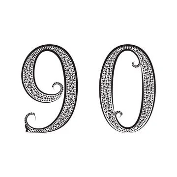 Nine, zero vintage patterned numbers. Font in floral baroque style. Stock Illustration