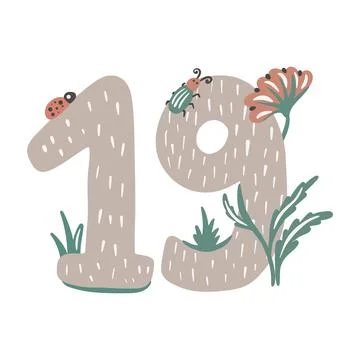 Nineteen. Number 19. Abstract math kids alphabet. School child graphic vector Stock Illustration