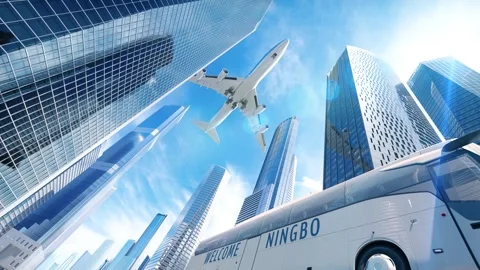 Ningbo. Airplane Landing City Skyscraper with Welcome Sign on Bus Stock Footage 259552453
