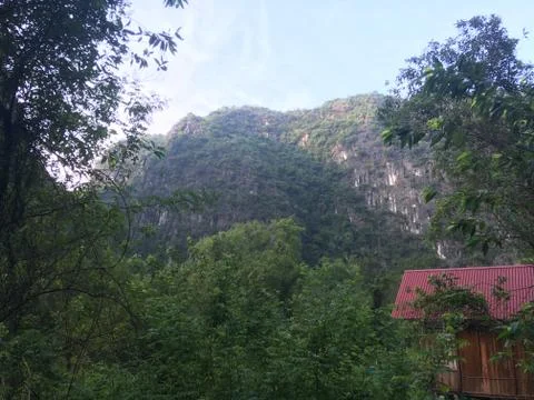 Ninh Binh Mountain Range And A Hostel Chalet, Vietnam Stock Photos