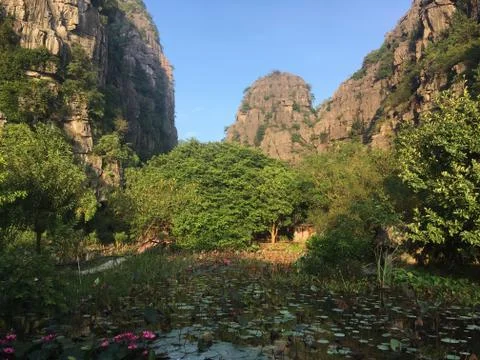 Ninh Binh Mountain Range And Lily Pond Stock Photos
