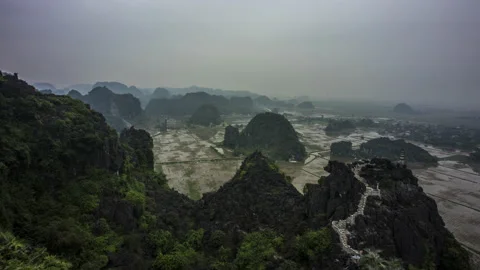 Ninh Binh Mountains w/ temple and farms 4k timelapse Stock-Footage 137212159