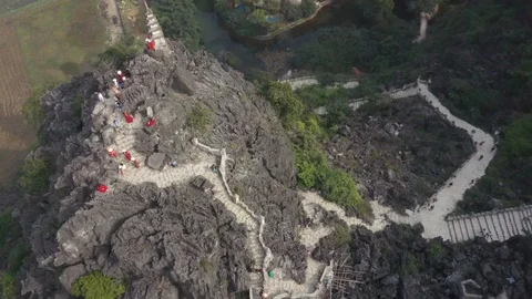 Ninh Binh Temple on a Mountain Top with Winding Stairs Vietnam Aerial Drone Stock Footage 125538109
