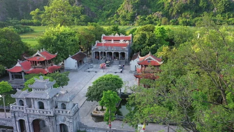 Ninh Binh - Thai Vi Temple aerial view, traslation Stock Footage 261541174