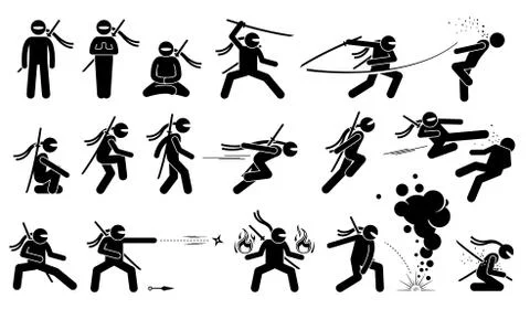 Ninja assassin movement and fighting skills with Japanese weapon sword and shuri Stock Illustration