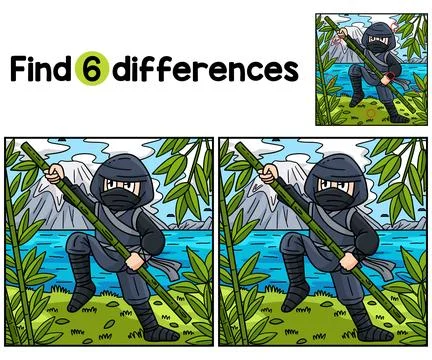 Ninja with a Bamboo Pole Find The Differences Stock Illustration