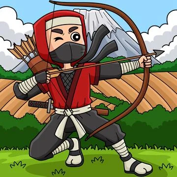 Ninja with a Bow and Arrow Colored Cartoon Stock Illustration