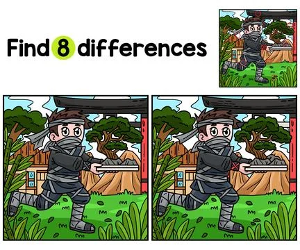 Ninja Carrying Bonsai Find The Differences Stock Illustration