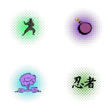 Ninja character with bomb, explosion, and japanese kanji Stock Illustration