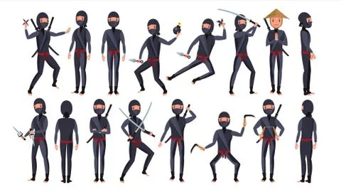 Ninja Character Vector. Cartoon Funny Warriors. Different Poses. Isolated On Stock Illustration