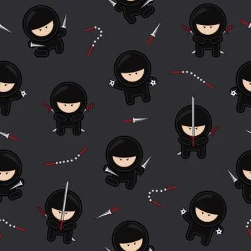 Ninja characters seamless pattern on black background, Cartoon warriors vecto Stock Illustration