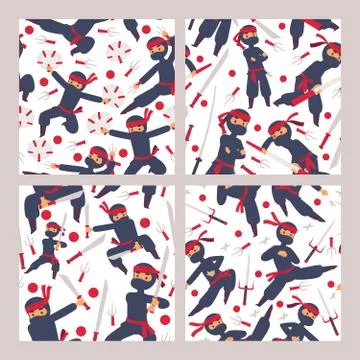 Ninja characters seamless pattern. Cartoon warriors in different positions Stock Illustration