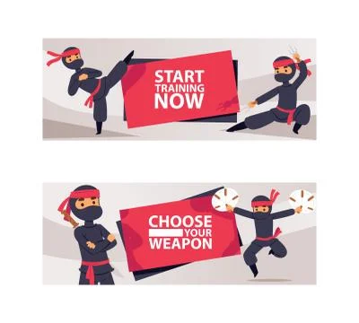 Ninja characters showing different actions vector illustration. Cartoon serious Stock Illustration