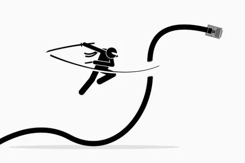 Ninja cuts telephone cable. Stock Illustration