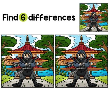 Ninja in front of Pagoda Find The Differences Stock Illustration