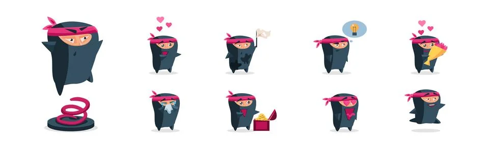 Ninja Funny Warrior Character in Samurai Costume Vector Set Stock Illustration