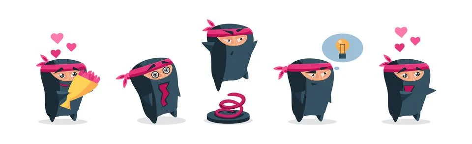 Ninja Funny Warrior Character in Samurai Costume Vector Set Stock Illustration