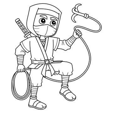Ninja with Grappling Hook Isolated Coloring Page Stock Illustration