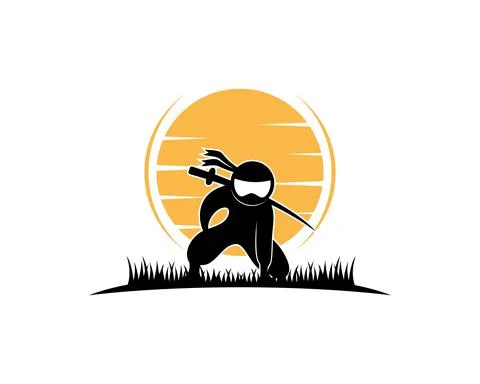 Ninja on the grass with sunset behind Stock Illustration