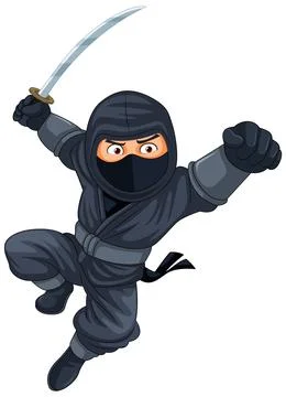 Ninja Jumping and Brandishing Sword Stock Illustration