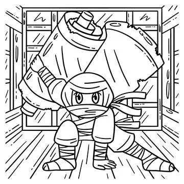 Ninja with Jutsu Scroll Coloring Page for Kids Stock Illustration