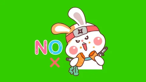 Ninja Rabbit Animation: Carrot Break with 'No' Message - Green Screen Stock Footage 282777386