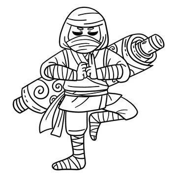 Ninja with a Scroll on Back Isolated Coloring Page Illustrazione stock