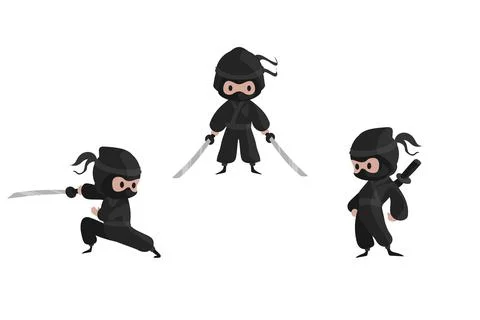 Ninja set. Cartoon flat style little warriors with katanas sword in different Stock Illustration