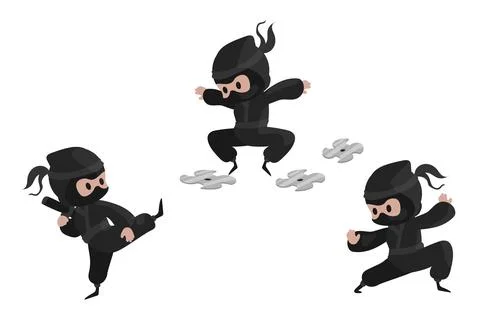 Ninja set. Cute warrior characters in different poses in black kimono, various Stock Illustration
